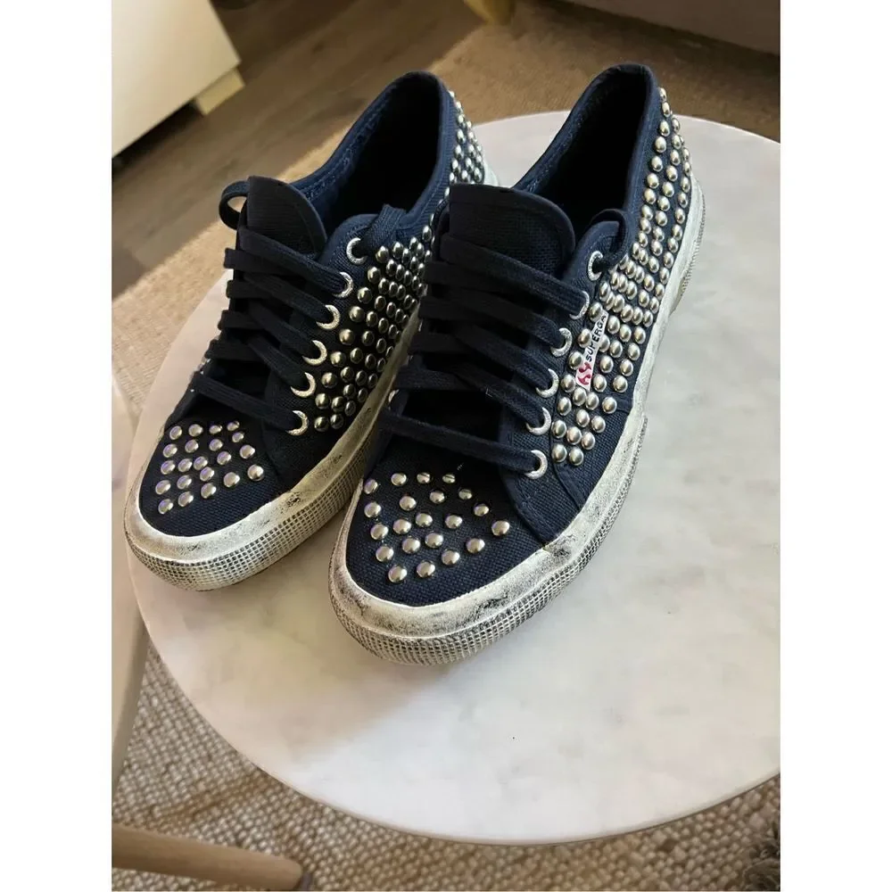 Superga 2750 Navy Distressed Studded Sneakers NEVER WORN